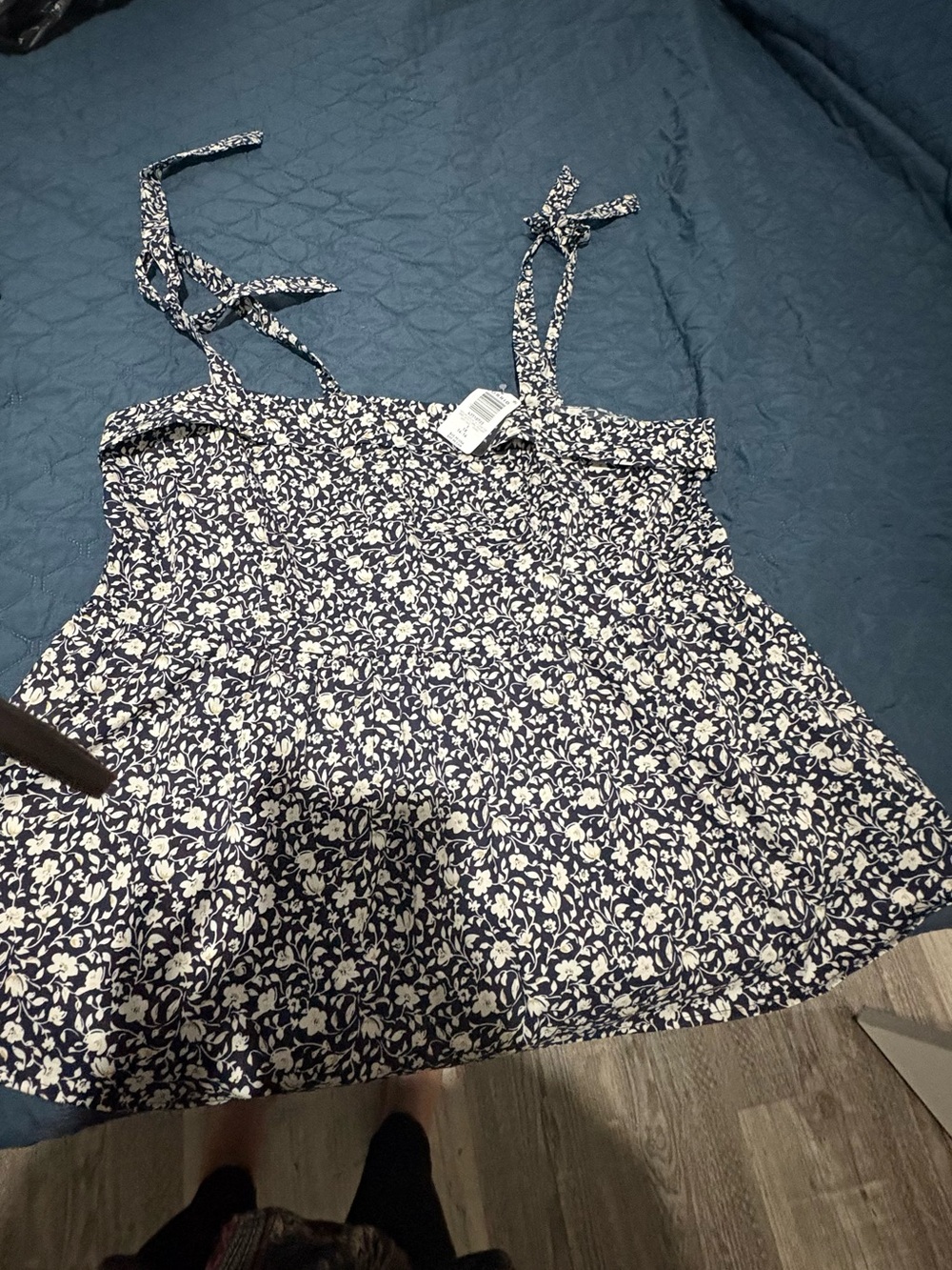 Navy and white. Floral Tie-Shoulder Smocked Tank Top